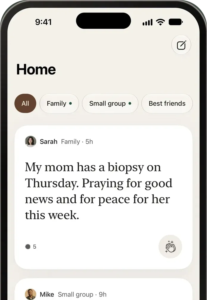 PrayerBoard on iPhone, showing prayer requests from family and a small group
